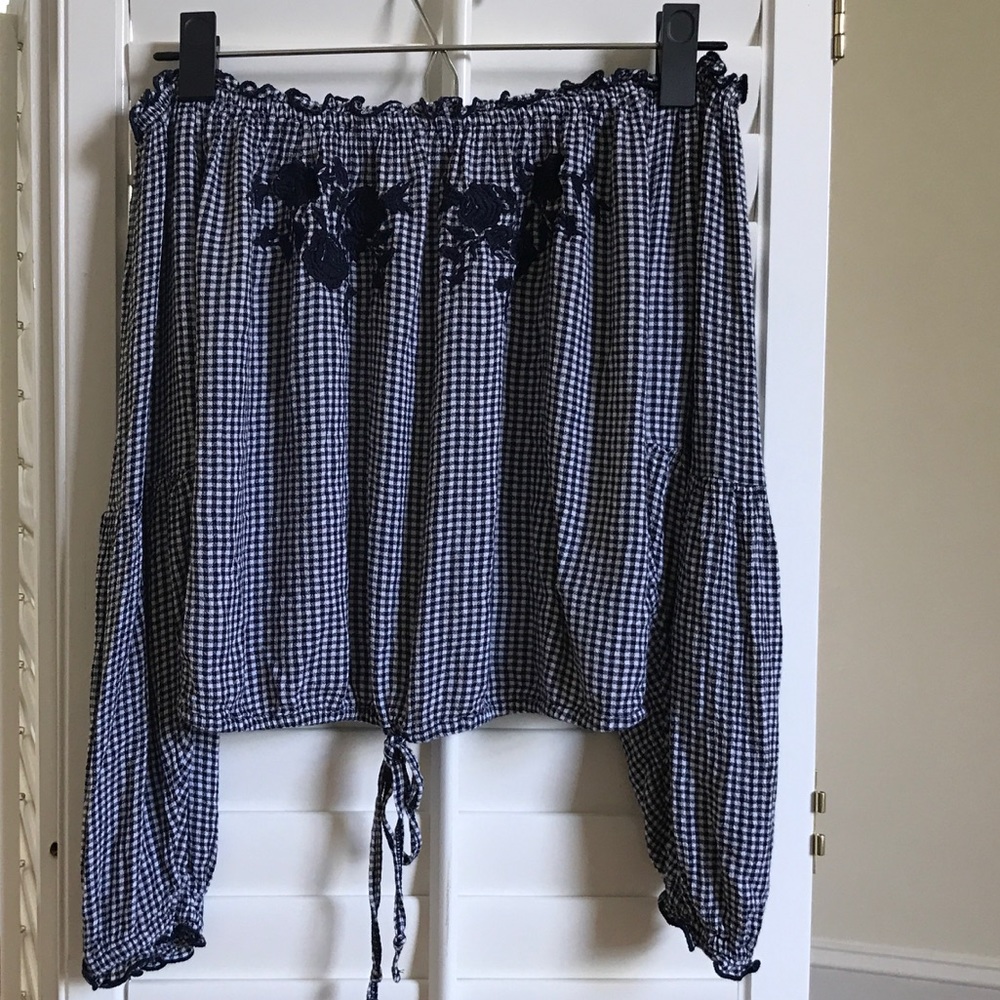 Hollister Gingham off the Shoulder Embroidered Top